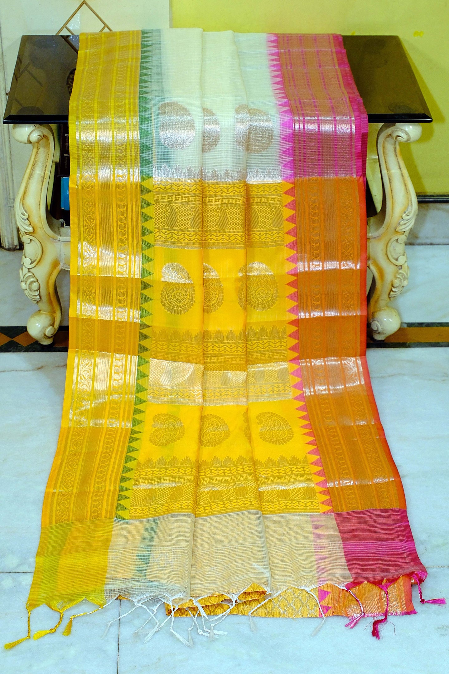 Traditional Ganga Jamuna Border Cotton Kota Checks Gadwal Saree with Rich Pallu in Off White, Golden Yellow and Hot Pink