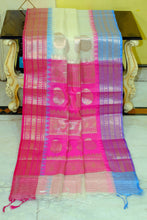 Traditional Ganga Jamuna Border Cotton Kota Checks Gadwal Saree with Rich Pallu in Off White, Pink and Blue