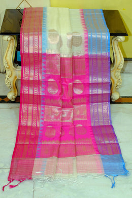Traditional Ganga Jamuna Border Cotton Kota Checks Gadwal Saree with Rich Pallu in Off White, Pink and Blue