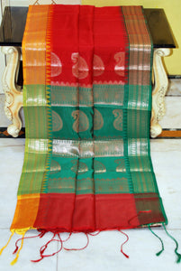 Traditional Ganga Jamuna Border Cotton Kota Checks Gadwal Saree with Rich Pallu in Red, Golden Yellow and Green