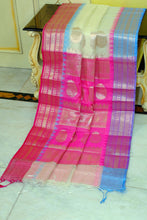 Traditional Ganga Jamuna Border Cotton Kota Checks Gadwal Saree with Rich Pallu in Off White, Pink and Blue