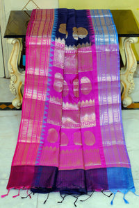 Traditional Ganga Jamuna Border Cotton Kota Checks Gadwal Saree with Rich Pallu in Ink Blue, Hot Pink and Blue