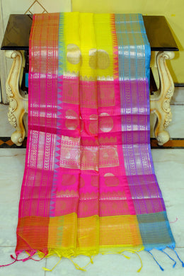 Traditional Ganga Jamuna Border Cotton Kota Checks Gadwal Saree with Rich Pallu in Yellow, Hot Pink and Blue