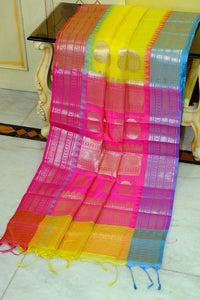Traditional Ganga Jamuna Border Cotton Kota Checks Gadwal Saree with Rich Pallu in Yellow, Hot Pink and Blue