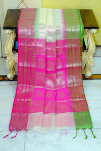 Traditional Ganga Jamuna Border Cotton Kota Checks Gadwal Saree with Rich Pallu in Off White, Hot Pink and Natural Green