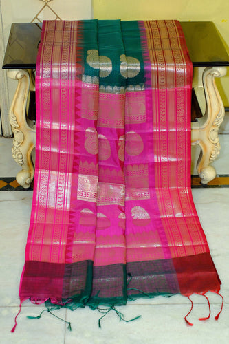 Traditional Ganga Jamuna Border Cotton Kota Checks Gadwal Saree with Rich Pallu in British Racing Green and Hot Pink