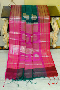 Traditional Ganga Jamuna Border Cotton Kota Checks Gadwal Saree with Rich Pallu in British Racing Green and Hot Pink