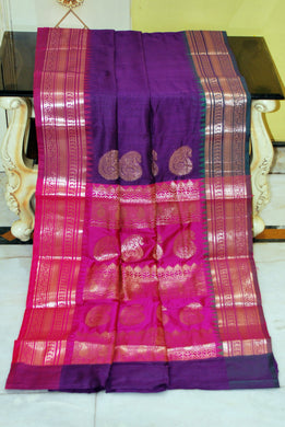 Traditional Ganga Jamuna Border Cotton Gadwal Saree with Rich Pallu in Eggplant Purple, Hot Pink and Green