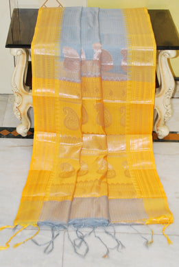 Traditional Ganga Jamuna Border Cotton Kota Checks Gadwal Saree with Rich Pallu in Light Grey and Bright Yellow