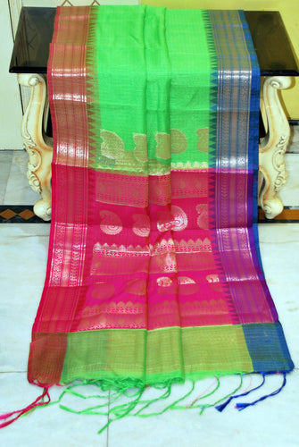 Traditional Ganga Jamuna Border Cotton Kota Checks Gadwal Saree with Rich Pallu in Bright Green, Hot Pink and Royal Blue