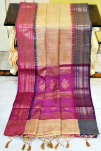 Traditional Ganga Jamuna Border Cotton Kota Checks Gadwal Saree with Rich Pallu in Warm Beige, Purple and Midnight Blue