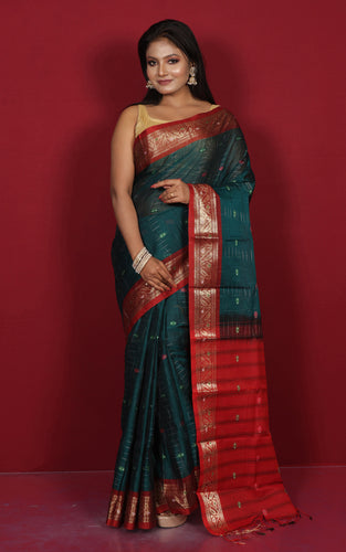 Gadwal Border Sico Cotton Kotki Silk Saree in Pthalo Green, Dark Red and Multicolored