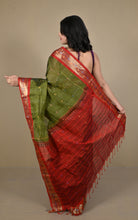 Woven Jacket Nakshi Border Cotton Kotki Saree in Dark Olive, Rustic Red and Multicolored