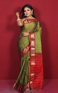 Gadwal Border Sico Cotton Kotki Silk Saree in Olive Green, Dark Red and Multicolored