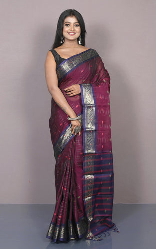 Gadwal Border Sico Cotton Kotki Silk Saree in Dark Purple, Navy Blue and Multicolored