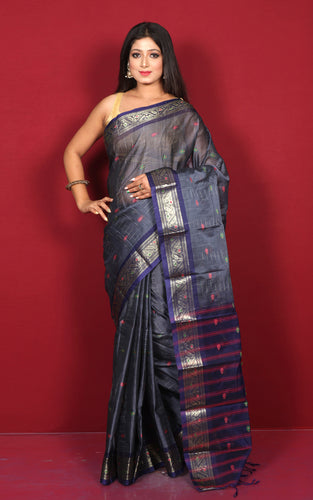 Gadwal Border Sico Cotton Kotki Silk Saree in Dark Grey, Navy Blue and Multicolored