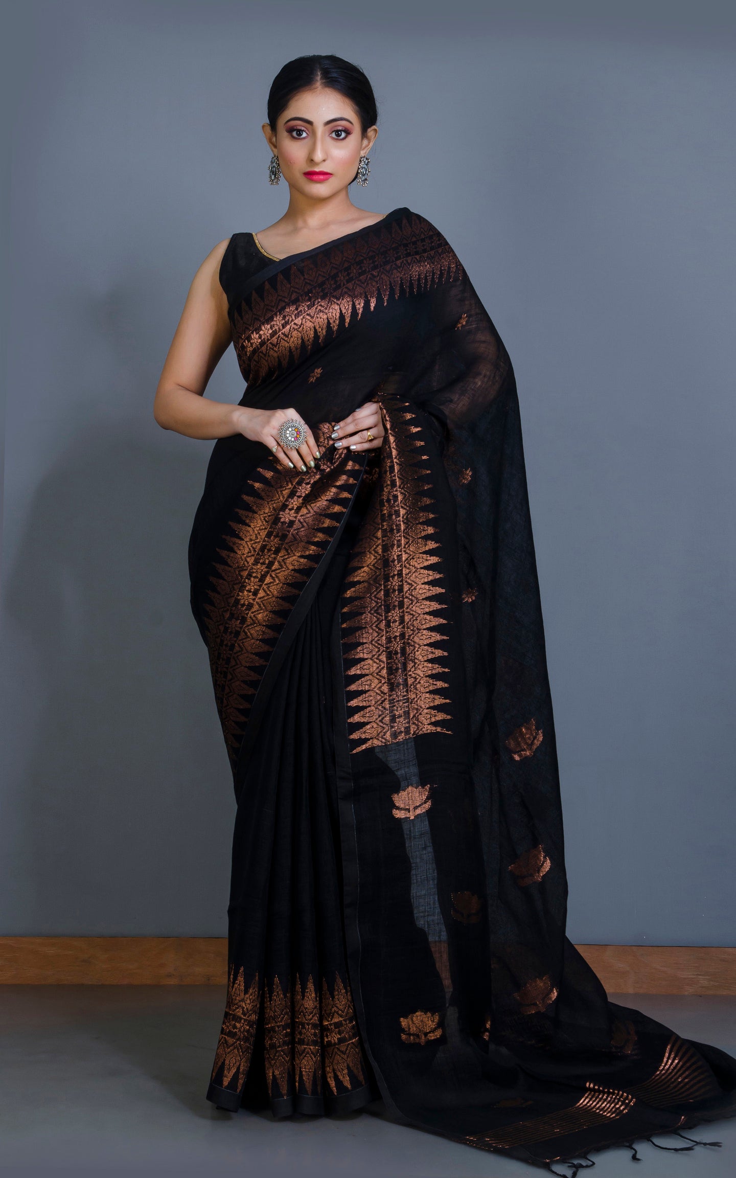 Handwoven Linen Kanchipuram Saree in Black and Copper