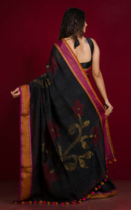Exclusive Linen Jamdani Saree in Charcoal Black, Antique Gold, Pomegranate Red and Matt Orange
