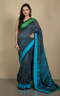 Premium Quality Traditional Linen Jamdani Saree in Pewter Grey, Strobe Blue and Kelly Green