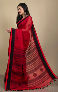 Premium Quality Traditional Linen Jamdani Saree in Blood Red and Zed Black