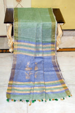 Handwoven Body Plain Soft Linen Saree in Lemon Grass Green and Grey Blue