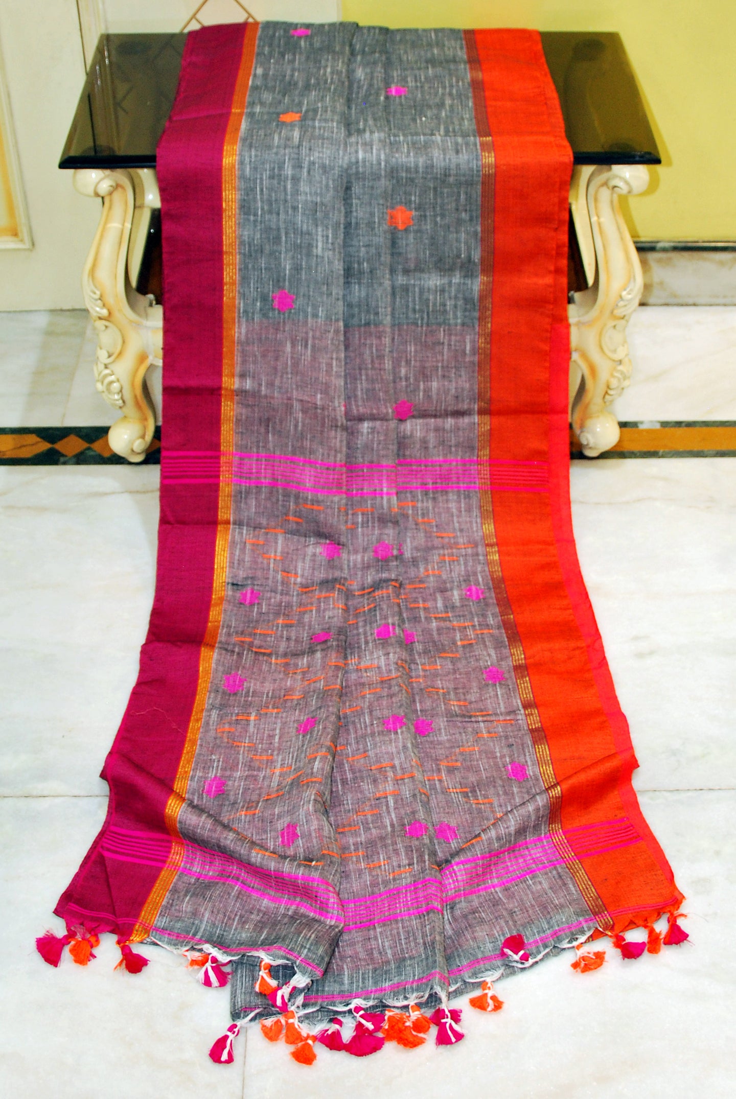 Handloom Needle Work Linen Jamdani Saree in Grey, Off White, Orange and Hot Pink