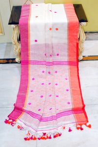 Handloom Needle Work Linen Jamdani Saree in Off White, Matt Orange and Hot Pink