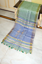 Handwoven Body Plain Soft Linen Saree in Lemon Grass Green and Grey Blue