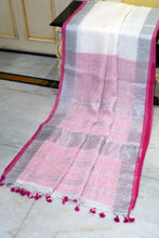 Handwoven Body Plain Soft Linen Saree in Off White and Cerise Pink