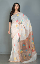Exclusive Silk Linen Jamdani Saree in Off White, Antique Golden and Multicolored Thread Work