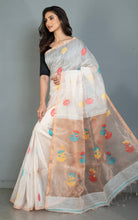 Exclusive Silk Linen Jamdani Saree in Off White, Antique Golden and Multicolored Thread Work