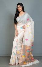 Exclusive Silk Linen Jamdani Saree in Off White, Antique Golden and Multicolored Thread Work
