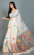 Exclusive Silk Linen Jamdani Saree in Off White, Antique Golden and Multicolored Thread Work