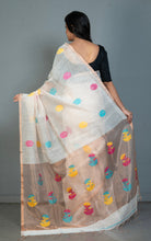 Exclusive Silk Linen Jamdani Saree in Off White, Antique Golden and Multicolored Thread Work