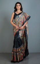 Premium Quality Hand Paint Madhubani on Natural Gicha Tussar Silk Saree in Black,Natural Beige and Multicolored