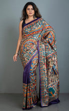 Premium Quality Hand Paint Madhubani on Natural Gicha Tussar Silk Saree in Purple,Natural Beige and Multicolored