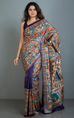 Premium Quality Hand Paint Madhubani on Natural Gicha Tussar Silk Saree in Purple,Natural Beige and Multicolored