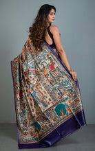 Premium Quality Hand Paint Madhubani on Natural Gicha Tussar Silk Saree in Purple,Natural Beige and Multicolored