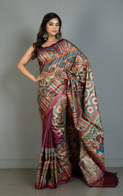 Premium Quality Hand Paint Madhubani on Natural Gicha Tussar Silk Saree in Mulberry Purple, Natural Beige and Multicolored