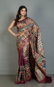 Premium Quality Hand Paint Madhubani on Natural Gicha Tussar Silk Saree in Mulberry Purple, Natural Beige and Multicolored