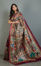 Premium Quality Hand Paint Madhubani on Natural Gicha Tussar Silk Saree in Mulberry Purple, Natural Beige and Multicolored