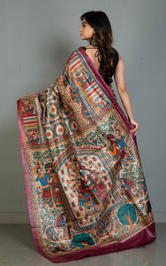 Premium Quality Hand Paint Madhubani on Natural Gicha Tussar Silk Saree in Mulberry Purple, Natural Beige and Multicolored