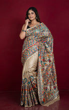 Premium Quality Hand Paint Madhubani on Natural Gicha Tussar Silk Saree in Natural Beige and Multicolored