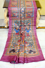 Premium Quality Hand Paint Madhubani on Natural Gicha Tussar Silk Saree in Raspberry Rose, Natural Beige and Multicolored