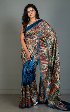 Premium Quality Hand Paint Madhubani on Natural Gicha Tussar Silk Saree in Dark Sapphire Blue, Natural Beige and Multicolored