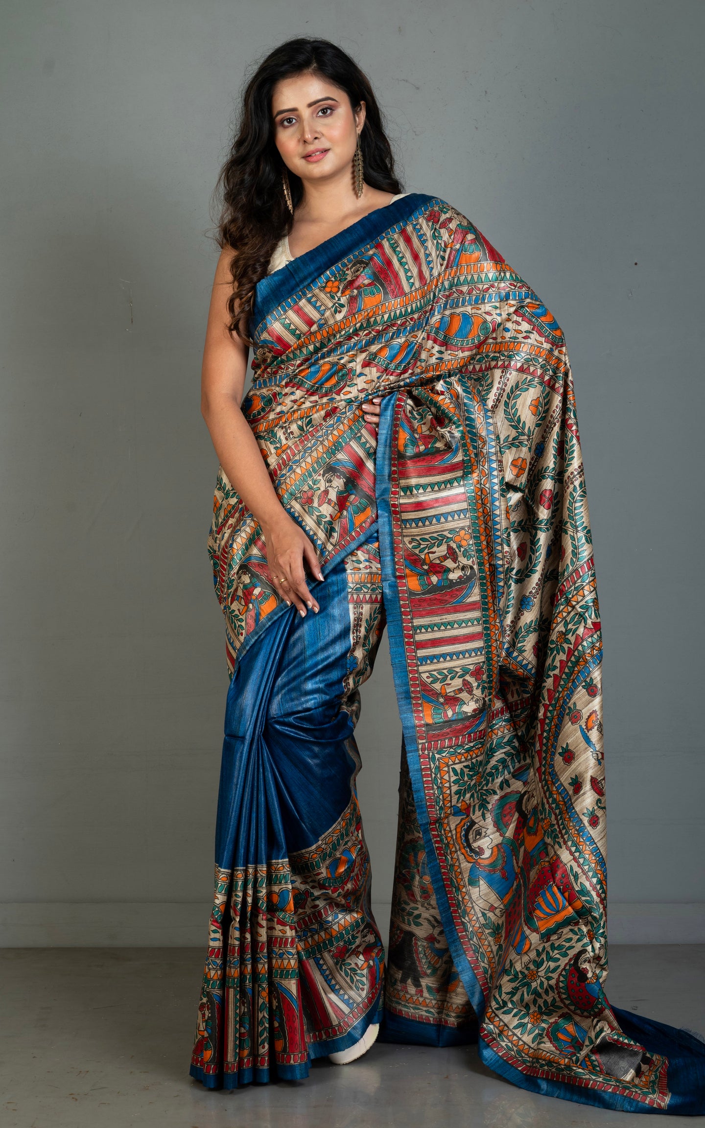 Premium Quality Hand Paint Madhubani on Natural Gicha Tussar Silk Saree in Dark Sapphire Blue, Natural Beige and Multicolored