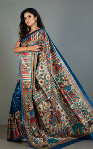 Bengal Handloom Cotton Baluchari Saree in Honeysuckle, Navy Blue and Sea Green