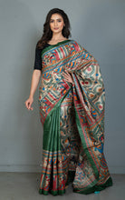 Premium Quality Hand Paint Madhubani on Natural Gicha Tussar Silk Saree in Everglade Green, Natural Beige and Multicolored