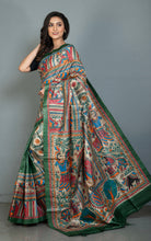 Premium Quality Hand Paint Madhubani on Natural Gicha Tussar Silk Saree in Everglade Green, Natural Beige and Multicolored