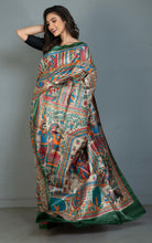 Premium Quality Hand Paint Madhubani on Natural Gicha Tussar Silk Saree in Everglade Green, Natural Beige and Multicolored